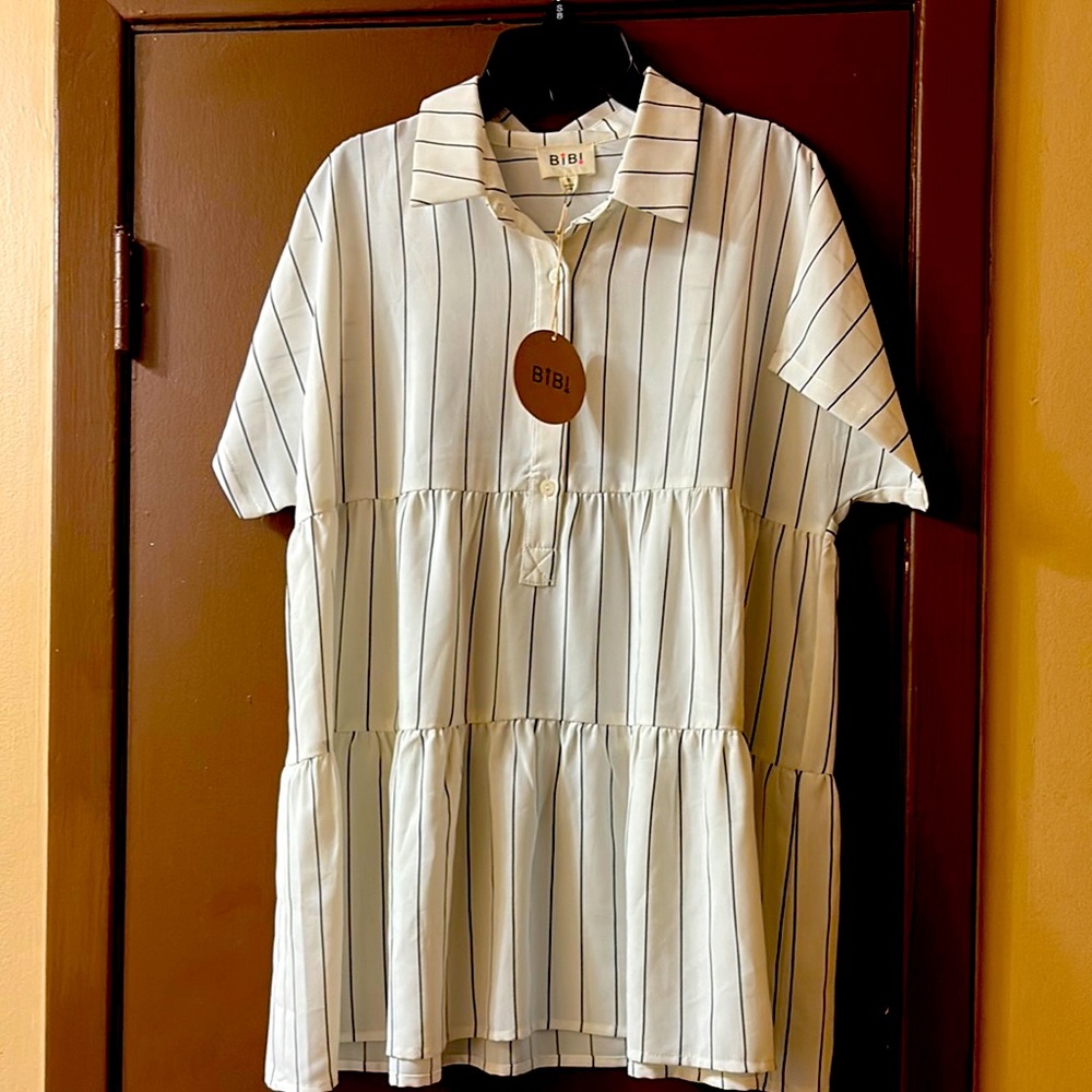BiBi White and Black Striped Tiered Top